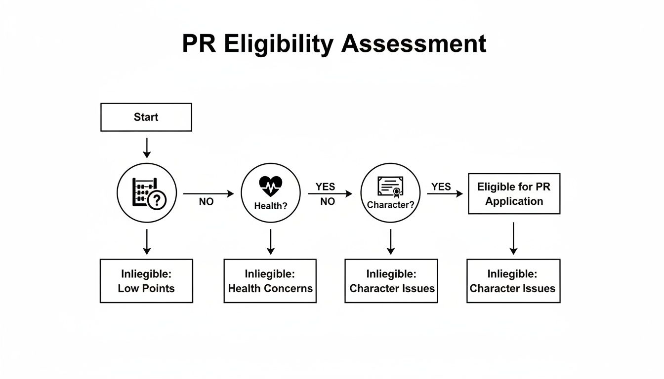A flowchart detailing the PR eligibility assessment process, covering points, health, and character checks.
