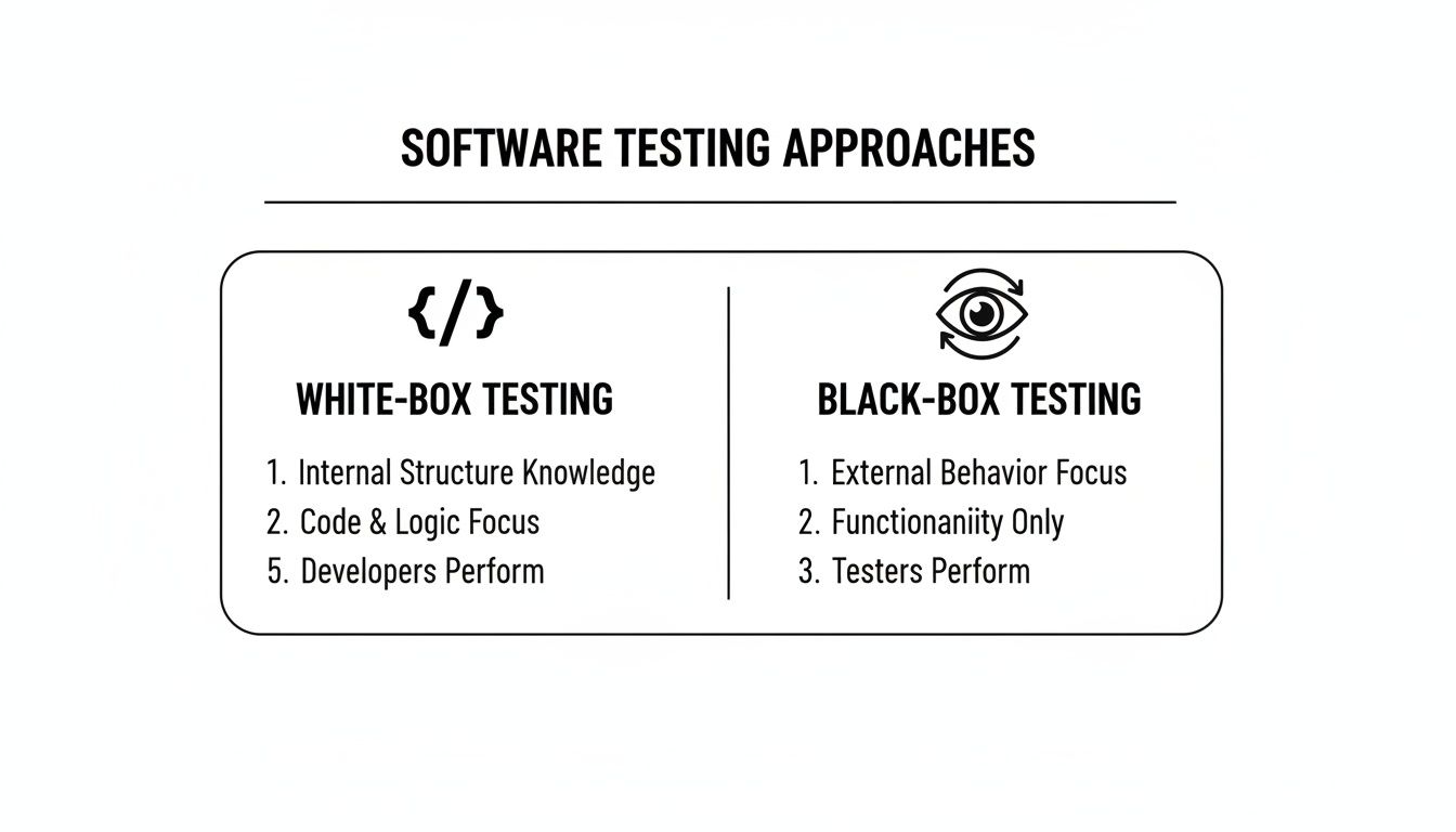 A diagram illustrating Software Testing Approaches, comparing White-Box Testing and Black-Box Testing characteristics side-by-side.
