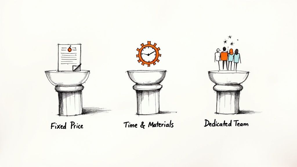 Illustrations of three service models: Fixed Price (contract), Time & Materials (clock), and Dedicated Team (people).
