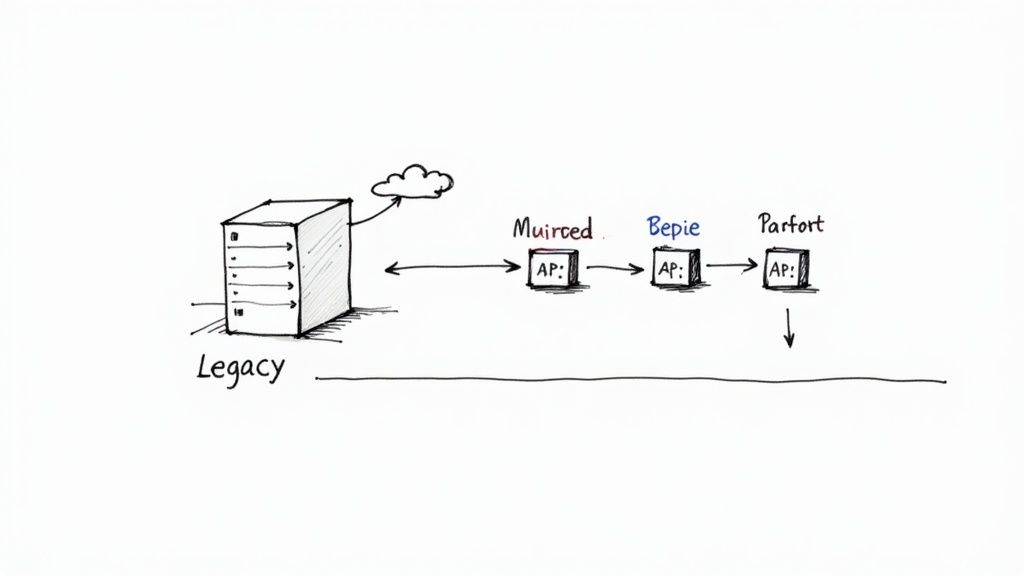 Software architecture diagram illustrates data flow from a legacy system through application components and cloud.