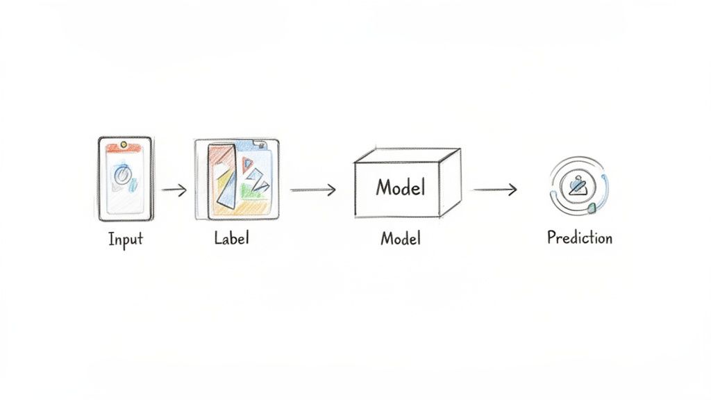 A diagram illustrates the supervised machine learning process, showing input data leading to labels, which train a model to make predictions.
