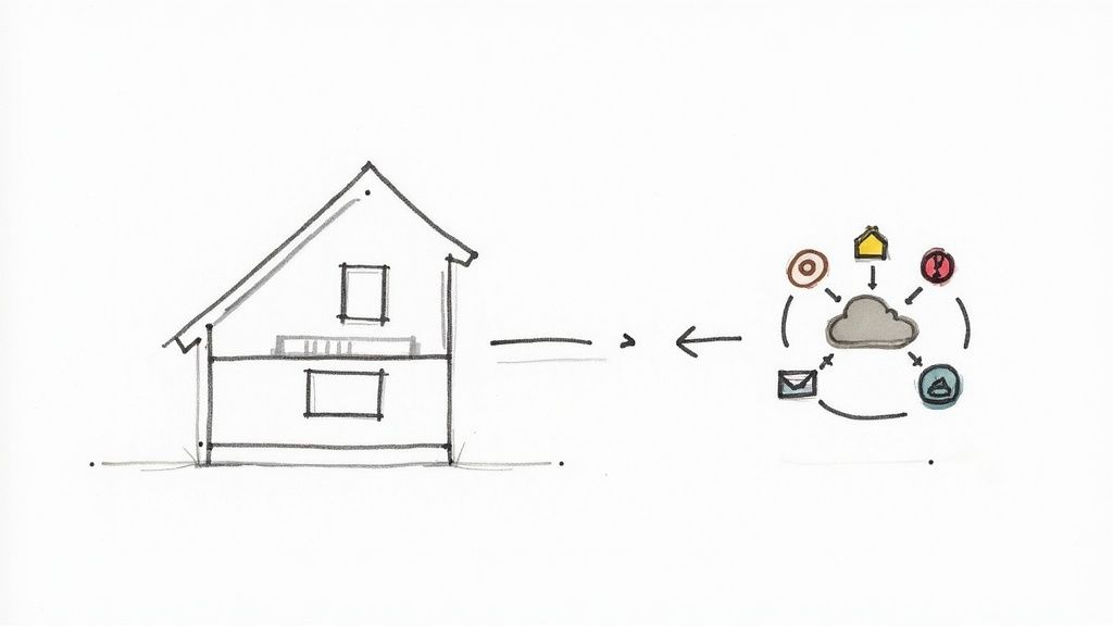 Sketch showing house connected to cloud with smart home automation icons representing digital transformation