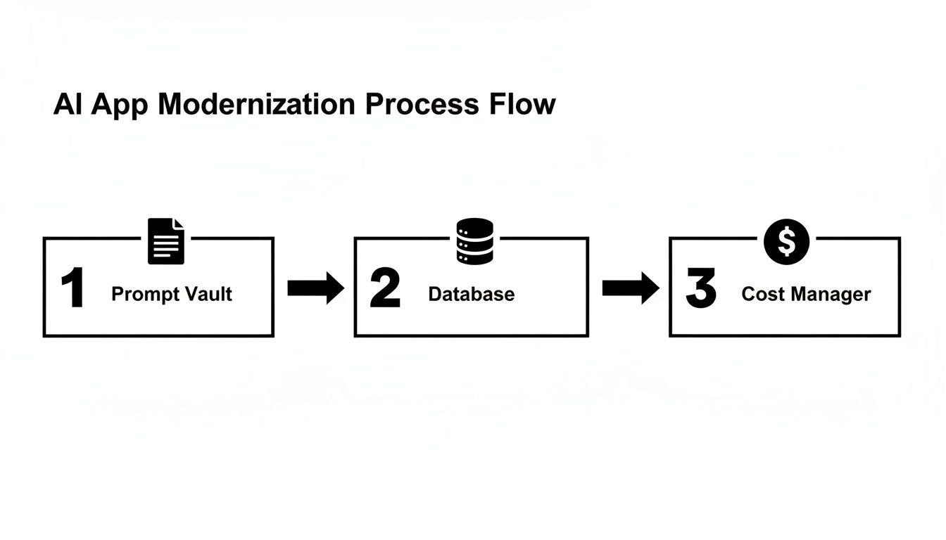 A flowchart illustrating the AI App Modernization Process flow with steps: Prompt Vault, Database, and Cost Manager.