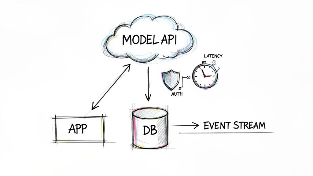 Diagram showing a Model API cloud interacting with an app, database, authentication, latency, and an event stream.