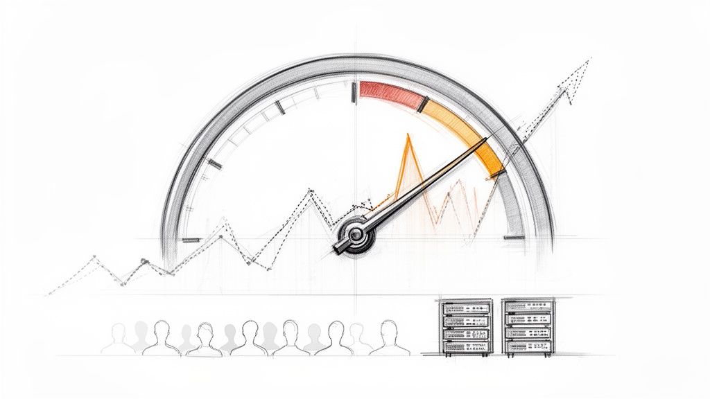 A sketch of a performance gauge showing high metrics, with an upward trend, people, and servers.