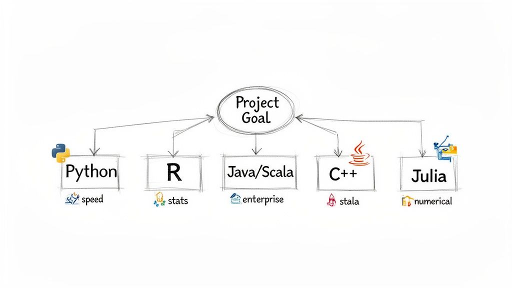 Diagram linking 'Project Goal' to Python, R, Java/Scala, C++, and Julia with their primary uses.