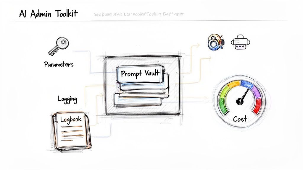 Hand-drawn sketch illustrating an AI Admin Toolkit with prompt vault, parameters, logging, and cost management.
