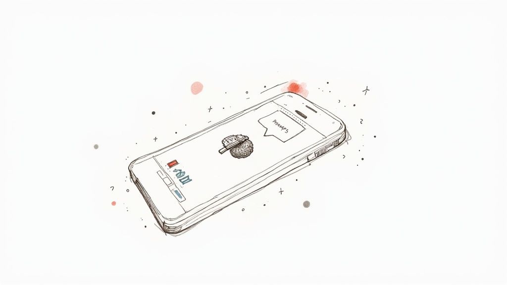 An artistic sketch of a smartphone displaying a brain and a 'PRICAPS' thought bubble, surrounded by abstract dots.