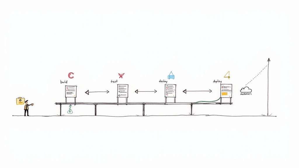 A developer team working with a CI/CD pipeline visualised on a screen, showing automation and collaboration.