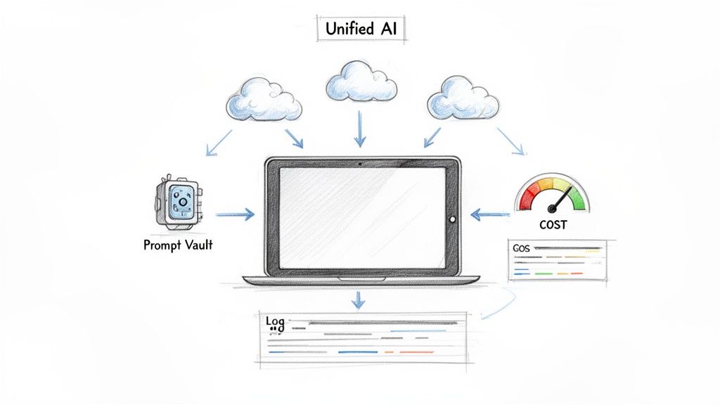 Diagram showing a Unified AI system managing prompts, integrating with multiple clouds, monitoring cost, and generating logs.