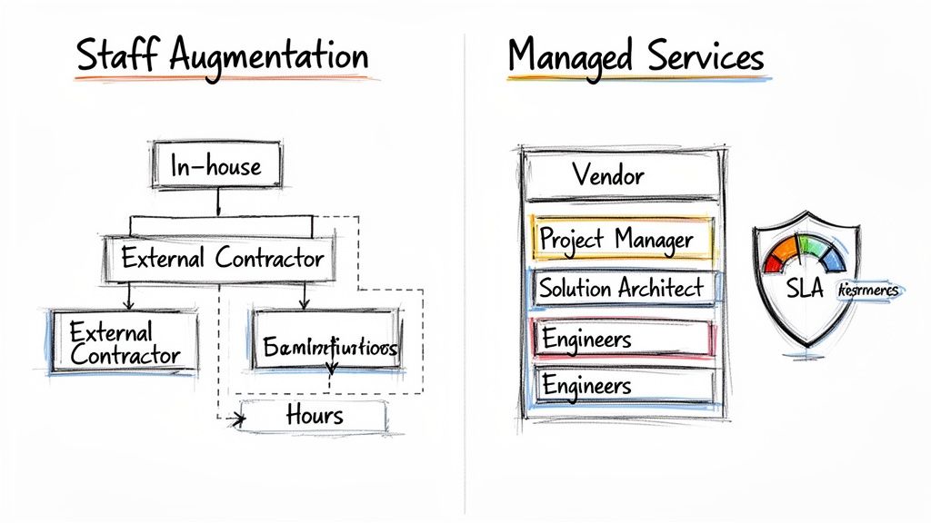 A diagram comparing Staff Augmentation, showing in-house and external contractors, with Managed Services, detailing a vendor team and an SLA shield.