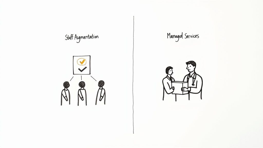 Illustration contrasting staff augmentation with managed services, showing temporary staff versus a complete service solution.