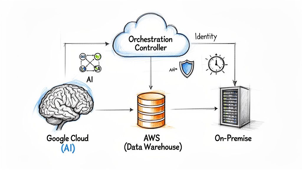 Conceptual diagram showing an orchestration controller managing Google Cloud AI, AWS data warehouse, and on-premise systems.