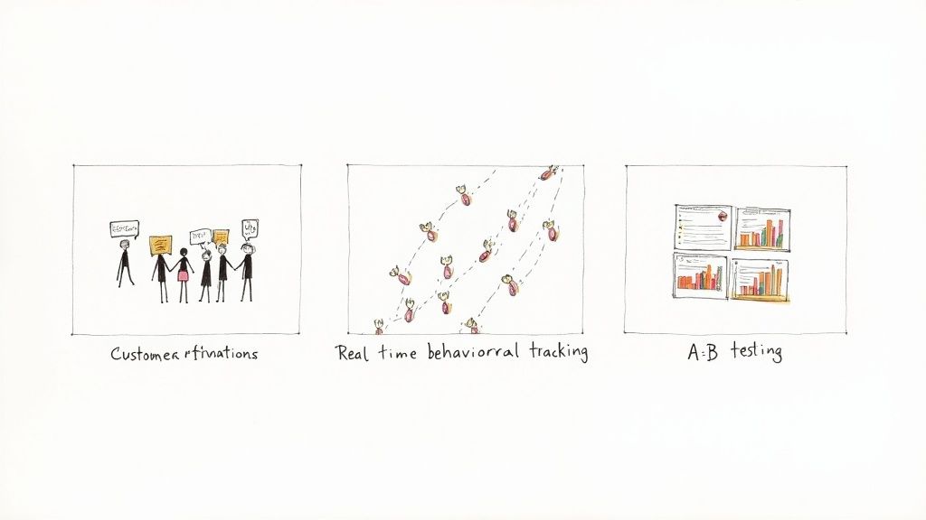 An illustration showing three concepts: customer motivations, real-time behavioral tracking, and A/B testing with charts.