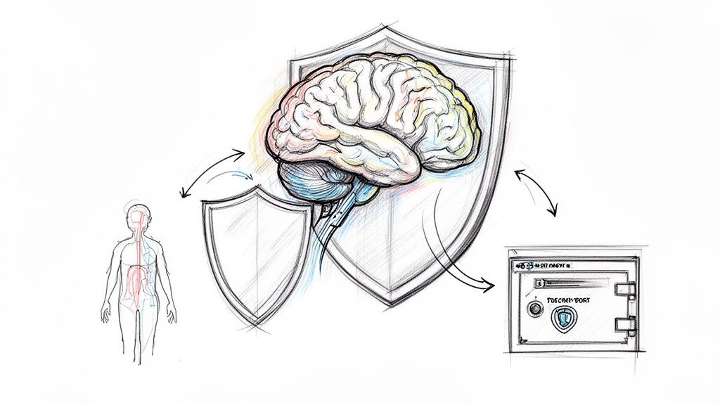 Sketch illustrating brain protection, human anatomy, and digital healthcare security with shields.