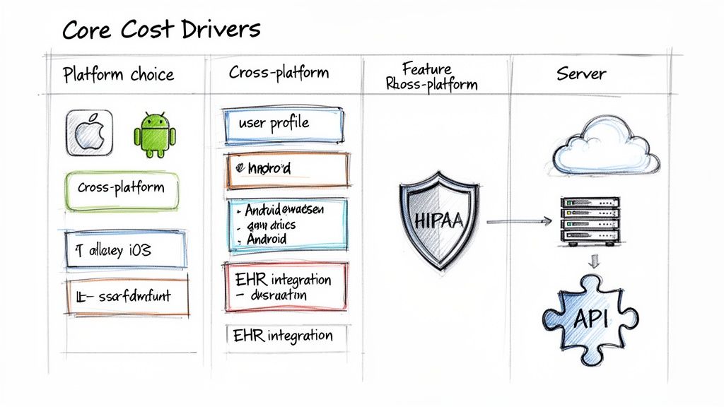 A diagram illustrating core cost drivers for app development, covering platform, features, HIPAA, and server.