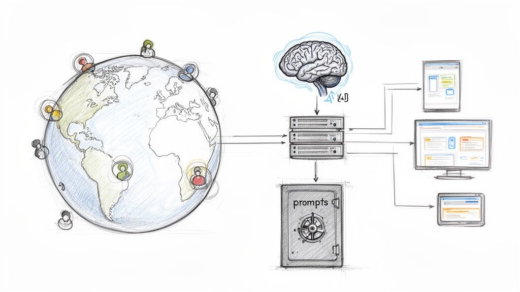 Diagram showing a global user network connected to servers, AI, and a prompts database, outputting to devices.