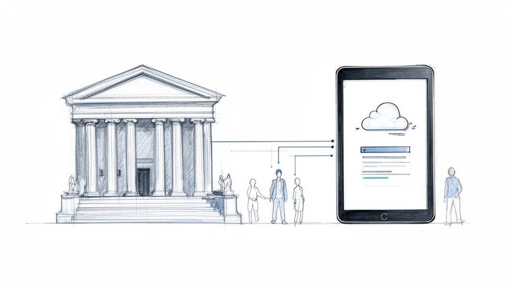Digital transformation concept sketch: a traditional building connected to a tablet displaying cloud services with people.