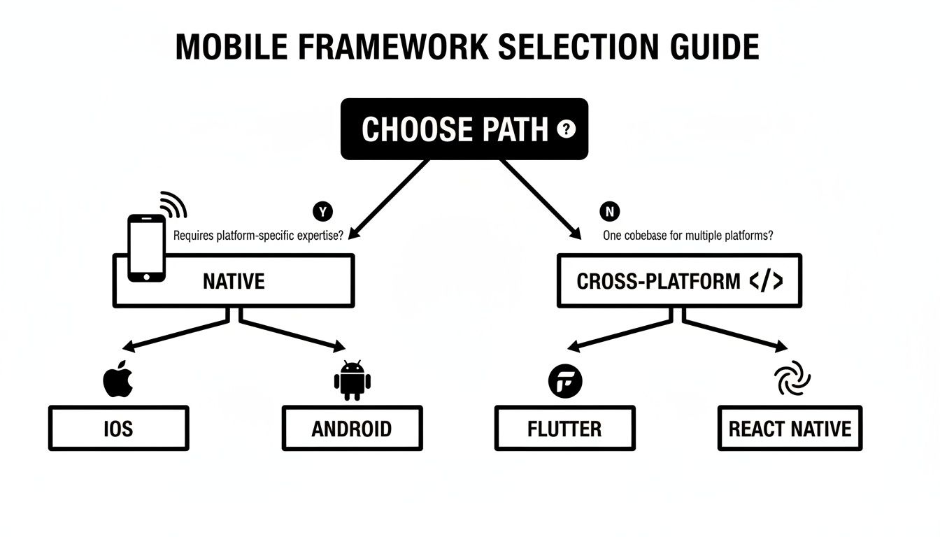 A flowchart for mobile framework selection, guiding users to choose between native and cross-platform development options.