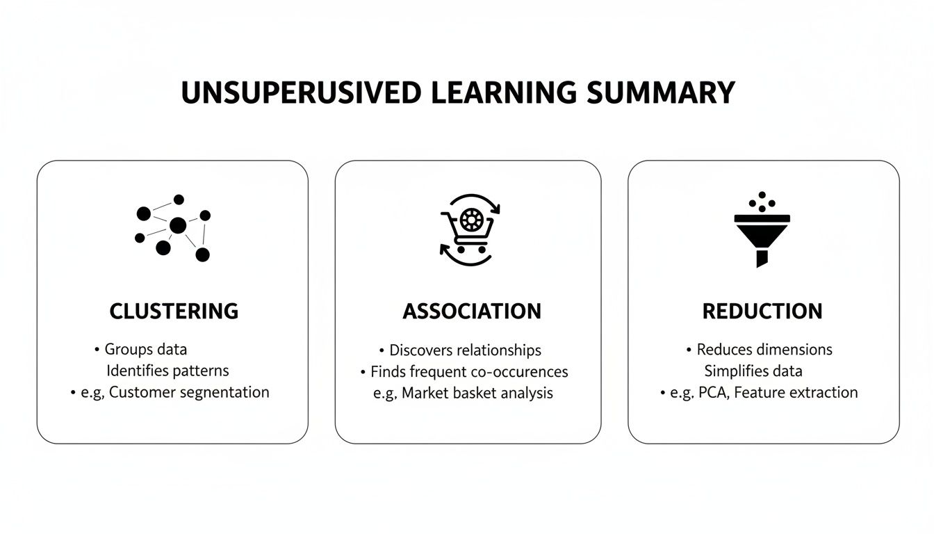 A summary of unsupervised machine learning methods: clustering, association, and reduction, with examples.