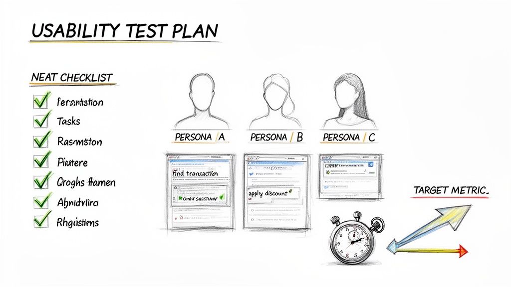 Illustration of a usability test plan with a checklist, user personas, tasks, and target metrics.