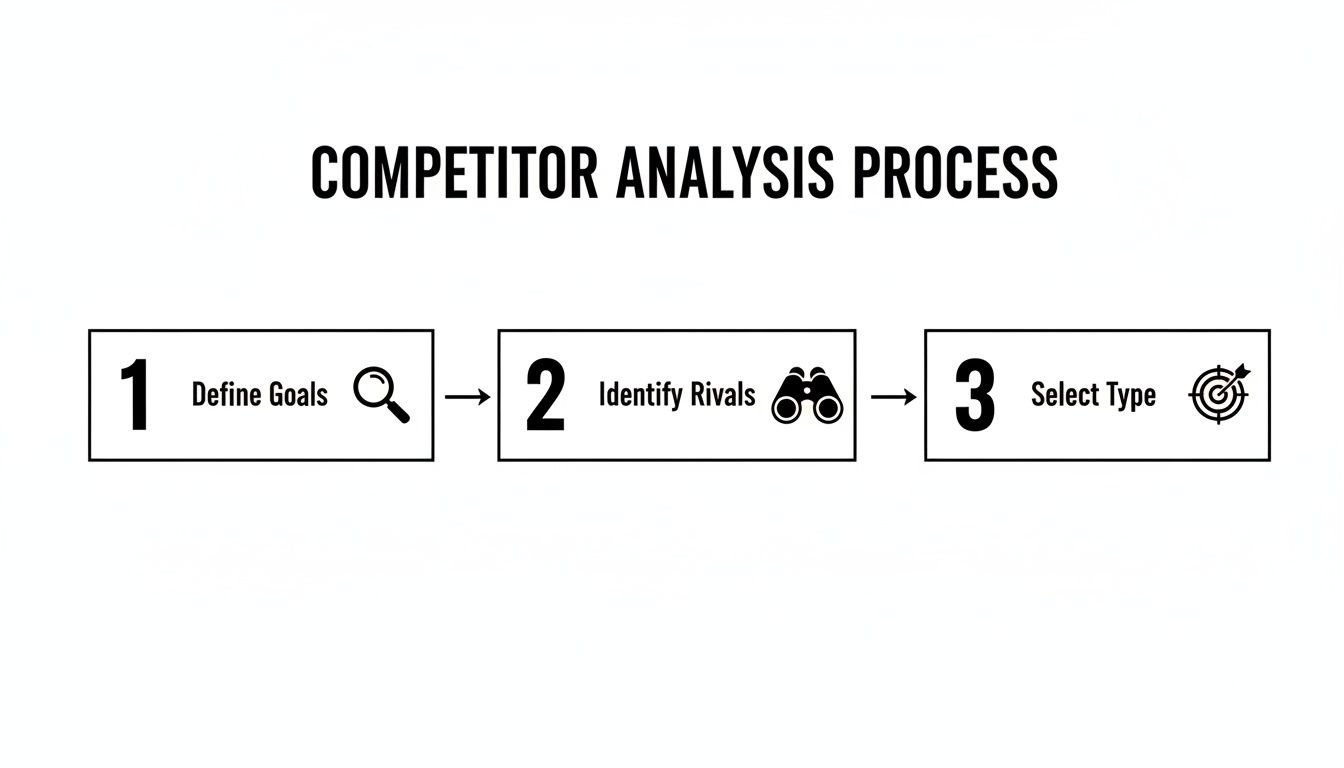 Competitor analysis process flowchart showing three steps: Define Goals, Identify Rivals, and Select Type.