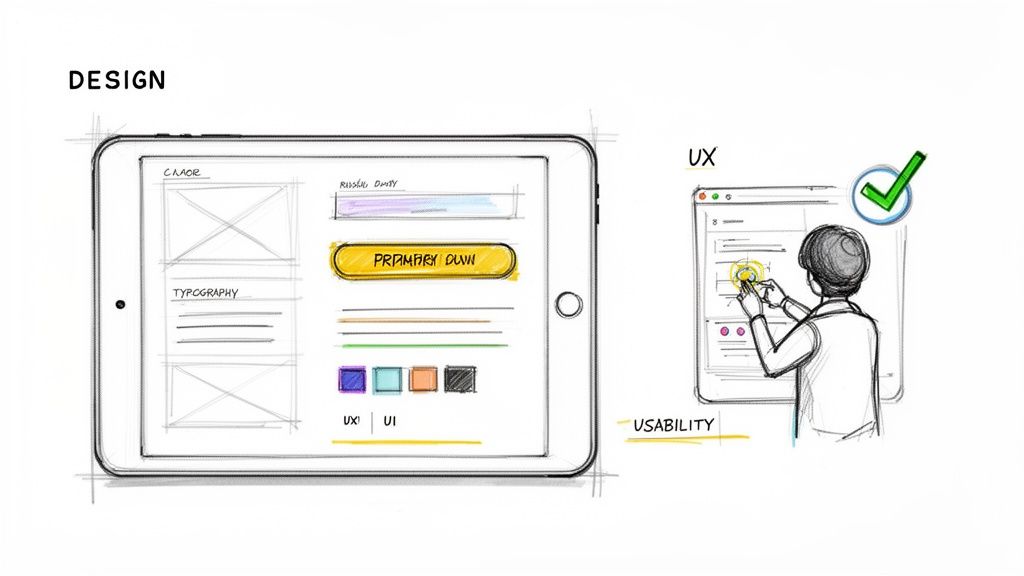 Sketches illustrating UI/UX design process, from wireframing and typography to user interaction and usability testing.