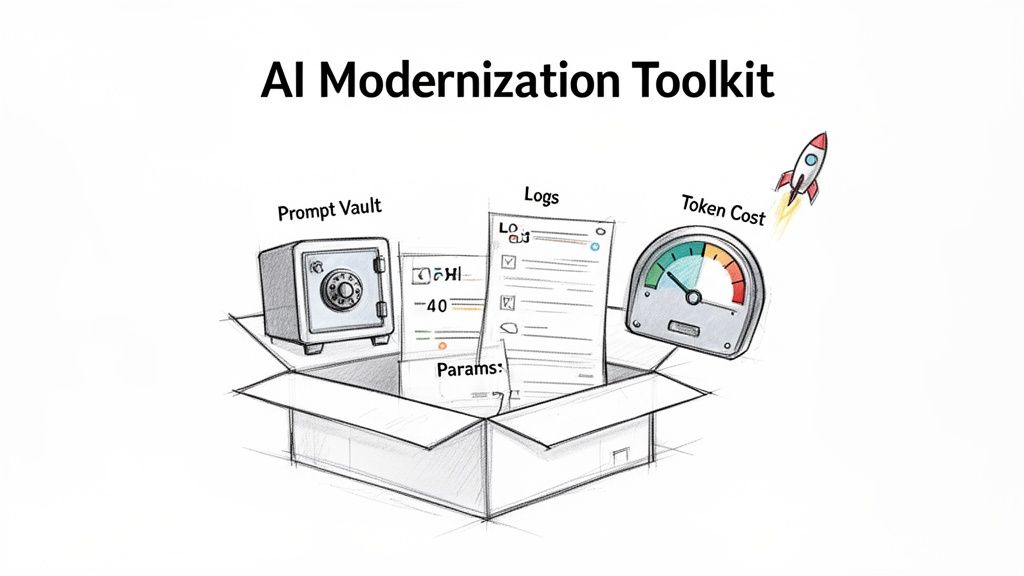 Illustration of an AI Modernization Toolkit with a prompt vault, logs, params, and token cost meter.