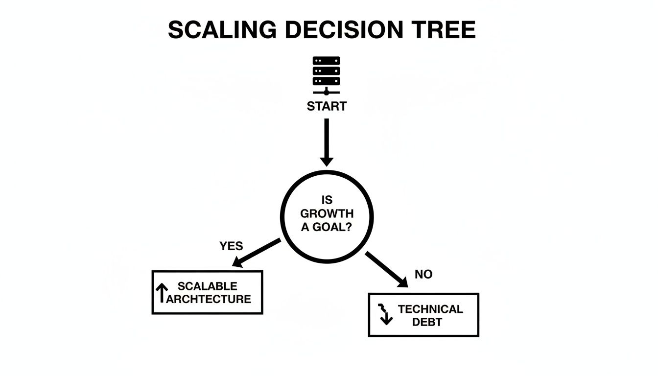 A scaling decision tree flowchart showing if growth is a goal, choose scalable architecture, otherwise accept technical debt.