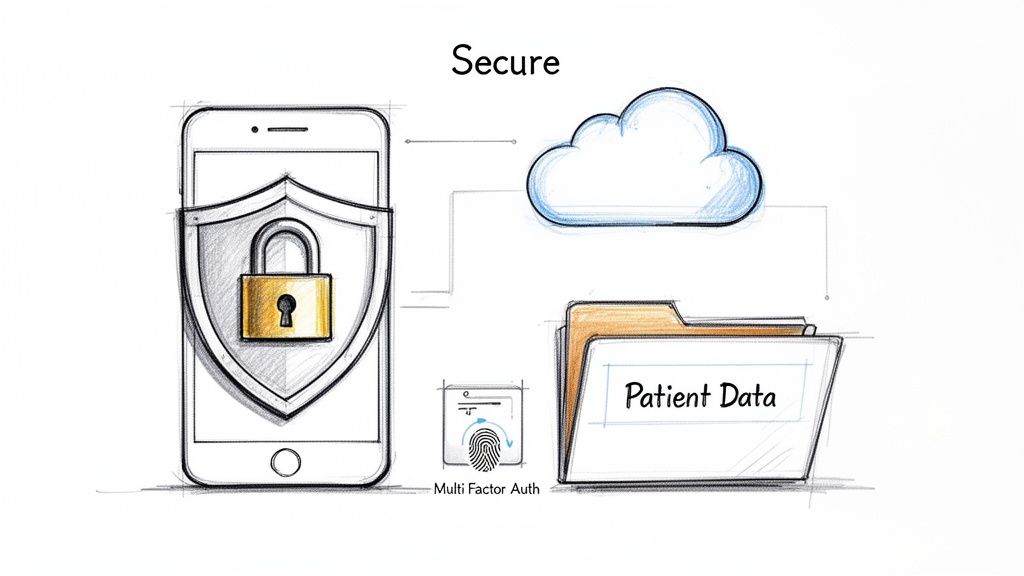 Diagram showing a secure mobile app with multi-factor authentication protecting patient data in the cloud.
