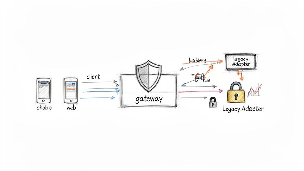 Diagram showing mobile and web clients communicating through a gateway to different legacy adapters, some secured.