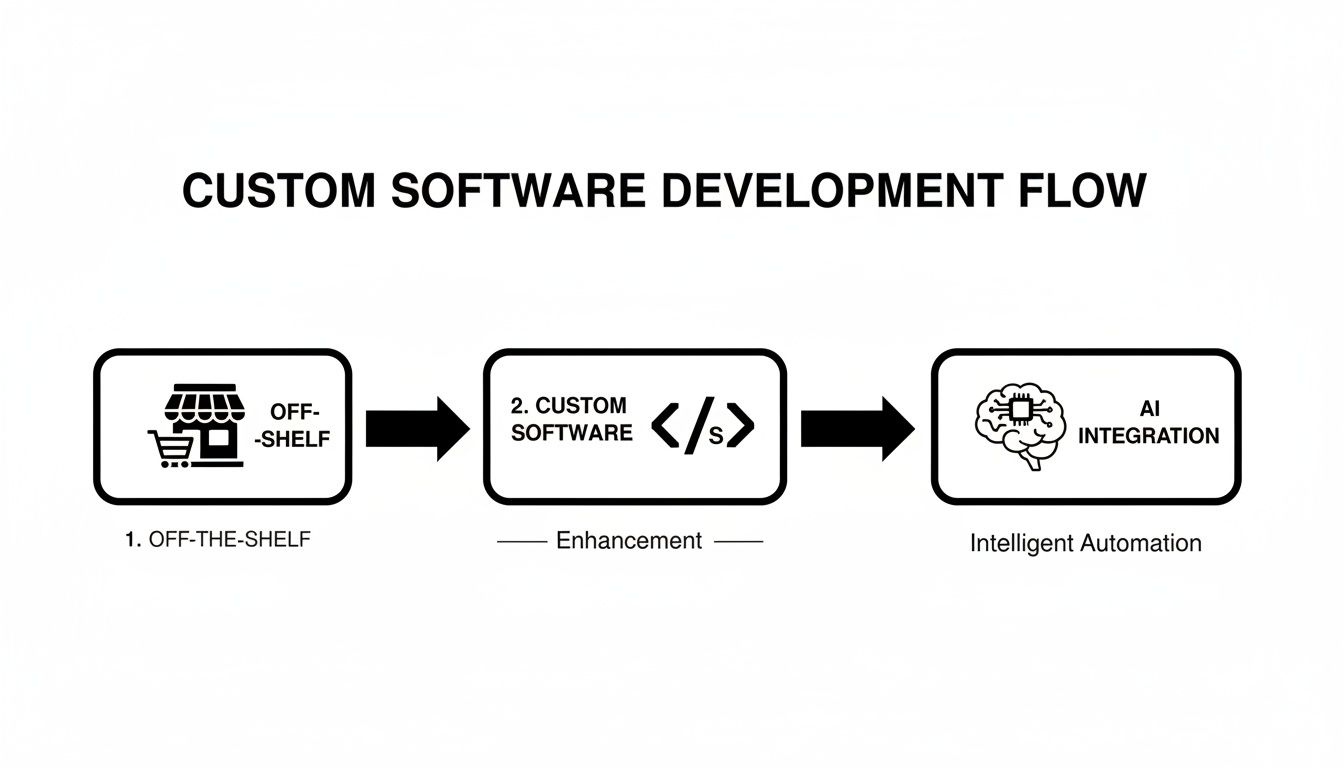 A flowchart detailing the custom software development flow from off-the-shelf software to AI integration.