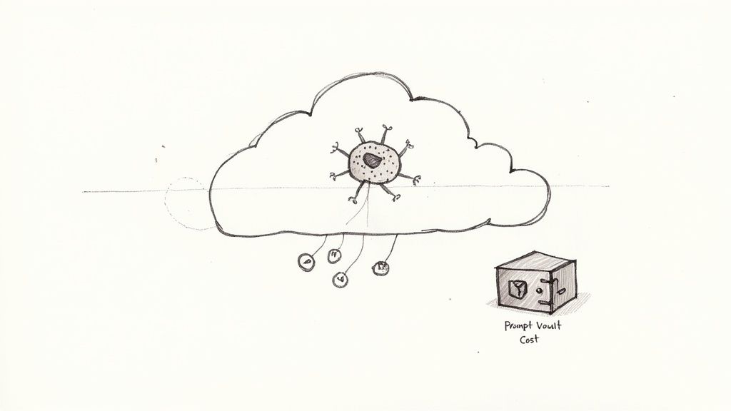 A hand-drawn image of a cloud with a spiky entity and a safe labeled 'Prompt Vault Cost'.