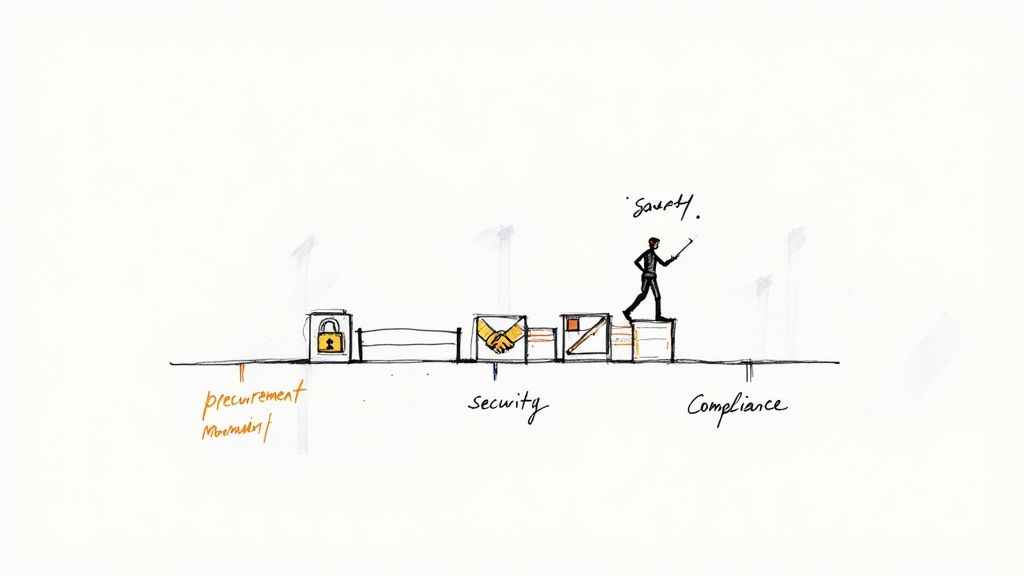 Illustration showing progression from procurement movement through security and compliance to achievement in digital transformation