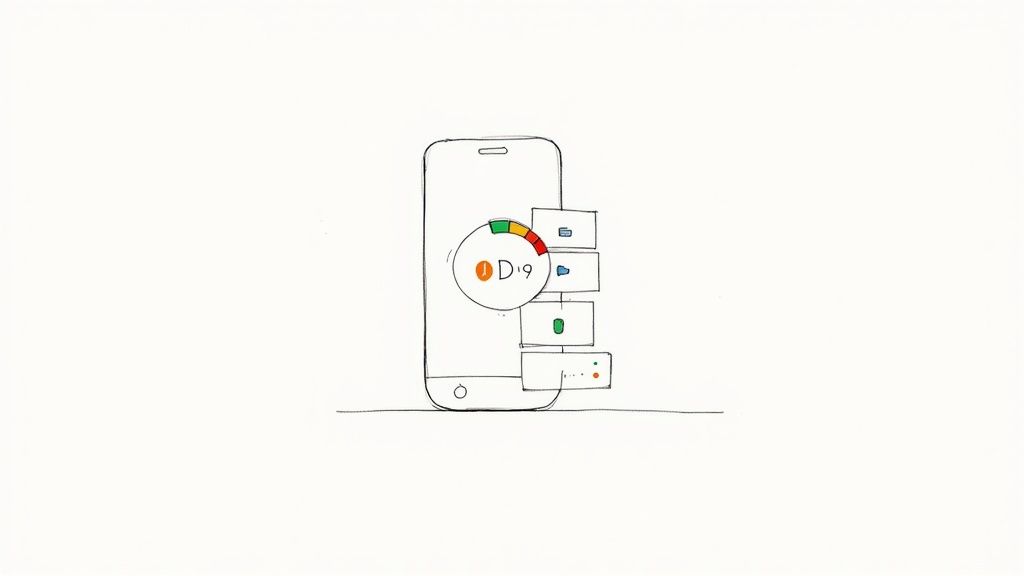 Sketch of a mobile phone screen showing a circular gauge labeled 'D:19' and connected progress cards.