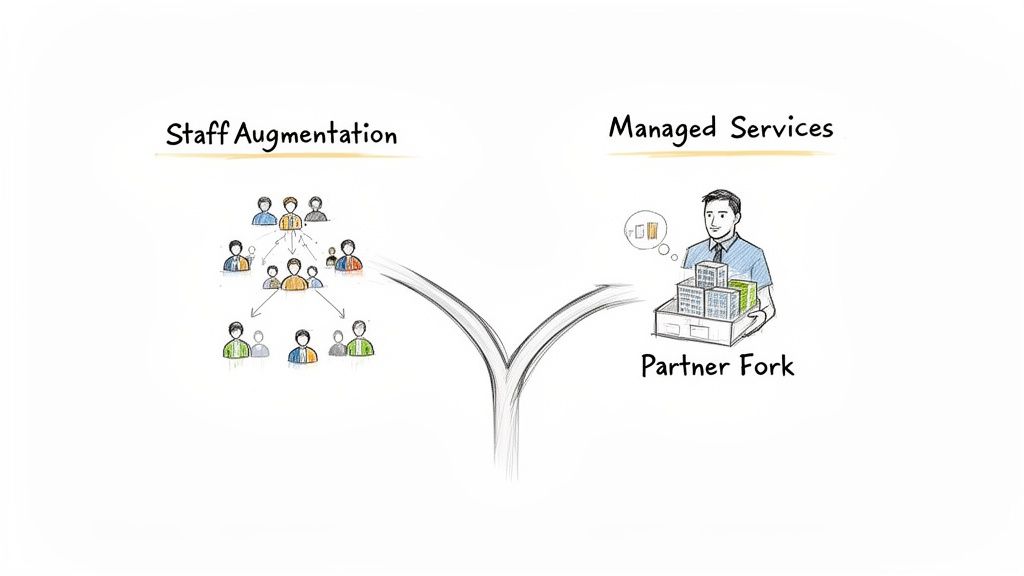 Diagram illustrating a comparison between Staff Augmentation with a team structure and Managed Services represented by a man holding solution packages.