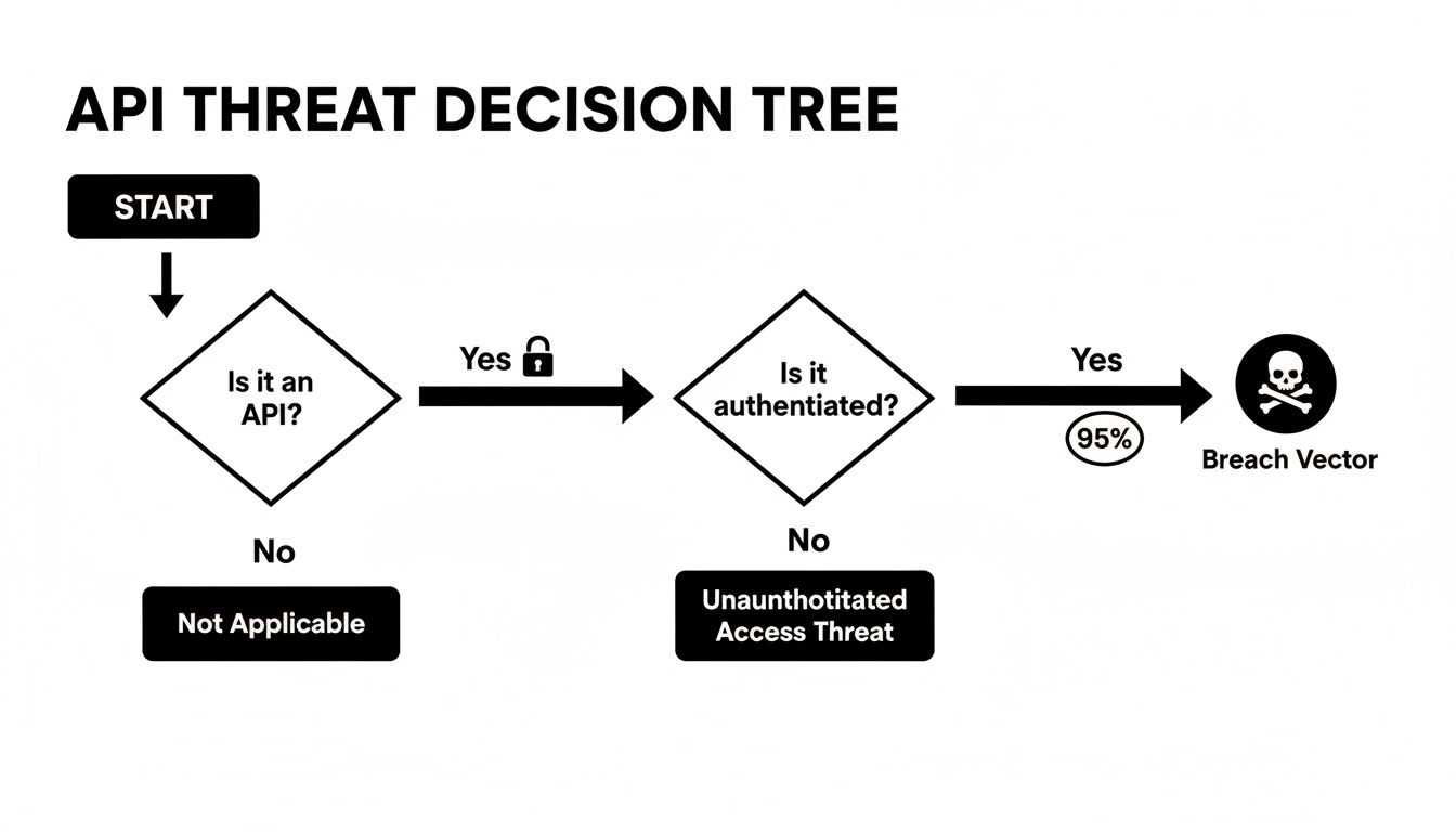 Flowchart illustrating an API threat decision tree, detailing paths from API identification to breach vectors or access threats.