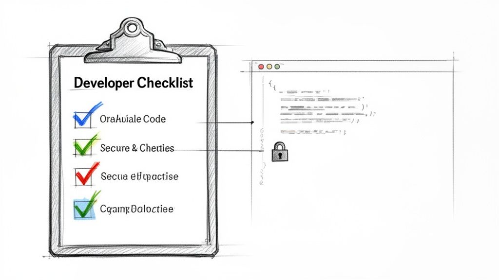 A developer checklist showing secure coding practices and compliance requirements.