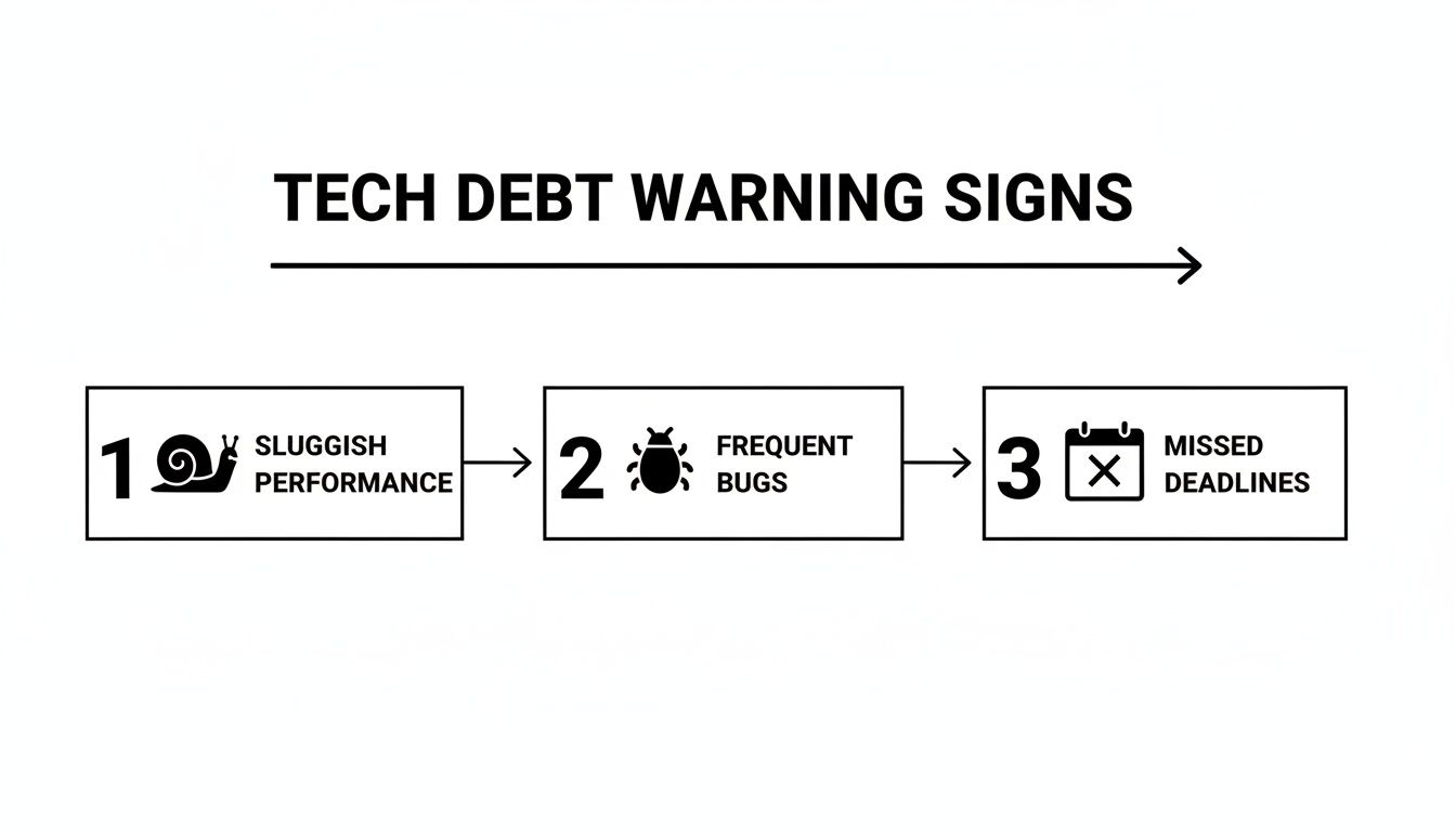 A diagram illustrating three tech debt warning signs: sluggish performance, frequent bugs, and missed deadlines.