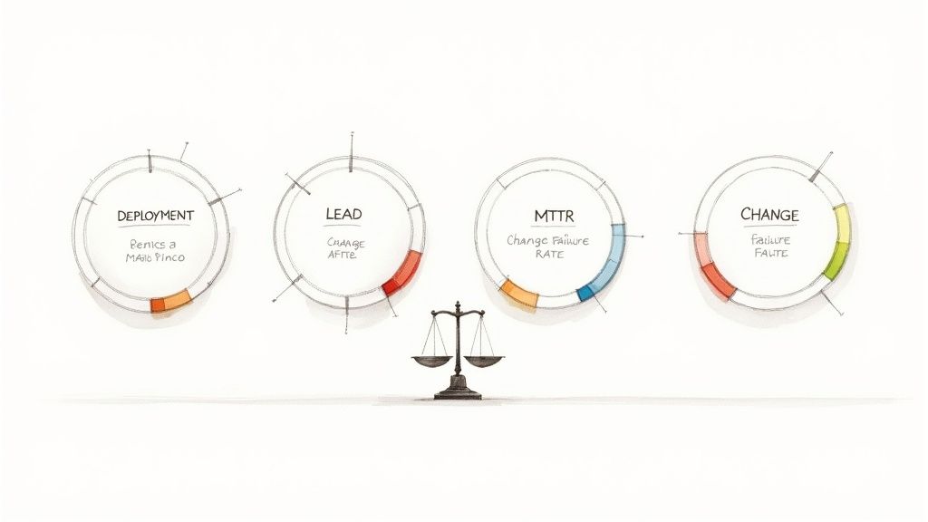 A diagram illustrating the four key DORA metrics in a balanced cycle