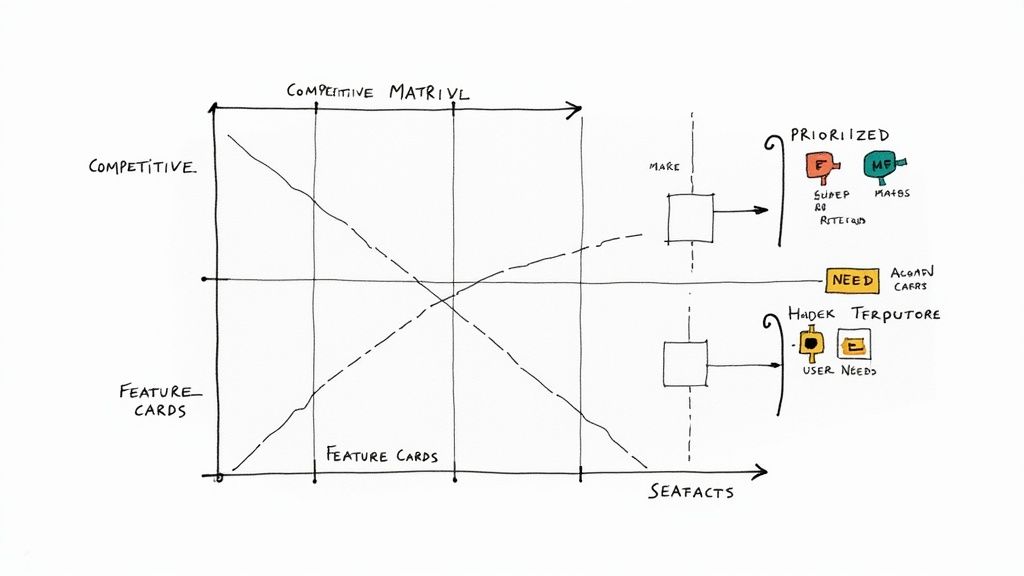 A hand-drawn diagram illustrating competitive analysis, feature prioritization, and user needs within a product development framework.