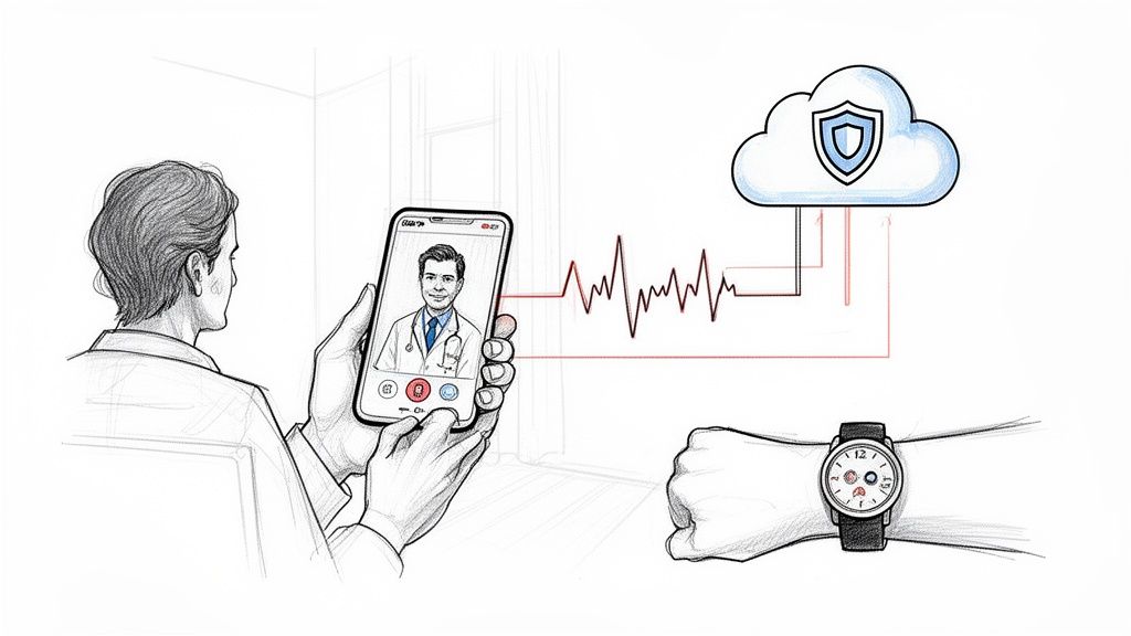 A patient on a video call with a doctor, receiving health data from a smartwatch to a secure cloud.