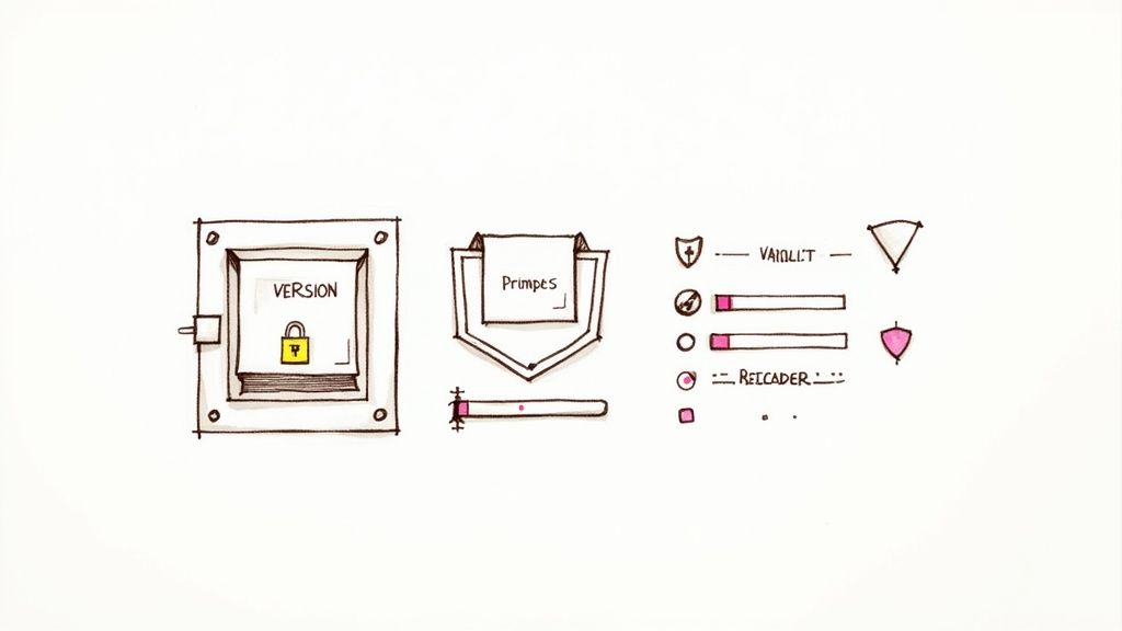 A hand-drawn sketch showing various user interface elements including version control, a lock icon, and progress bars.