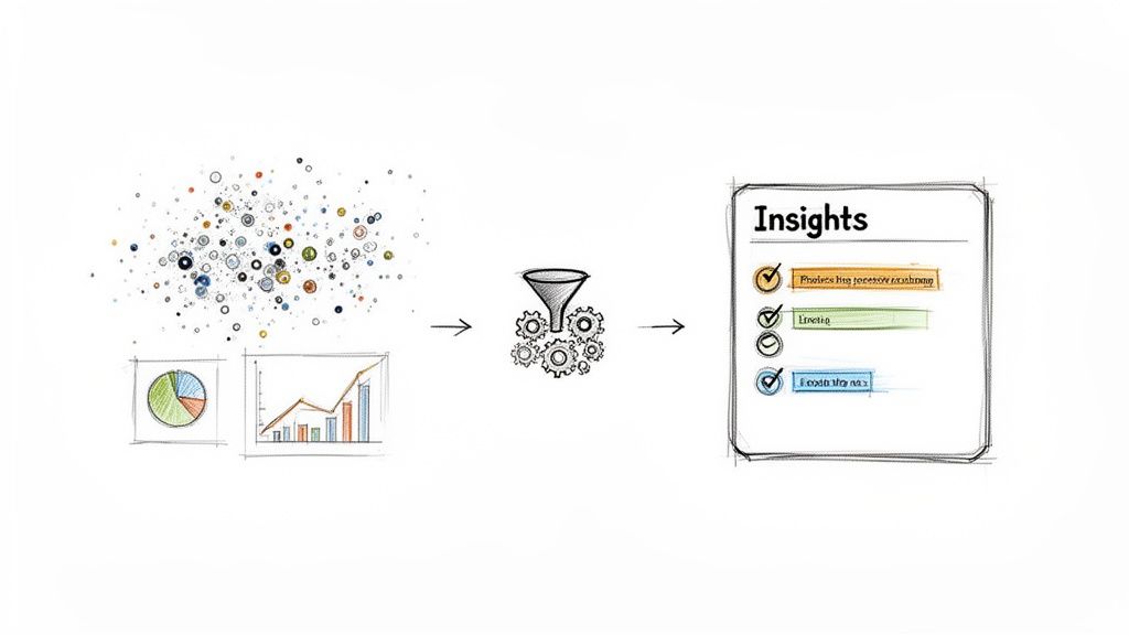 Data points, charts, and graphs are filtered through a funnel and gears to create actionable business insights.