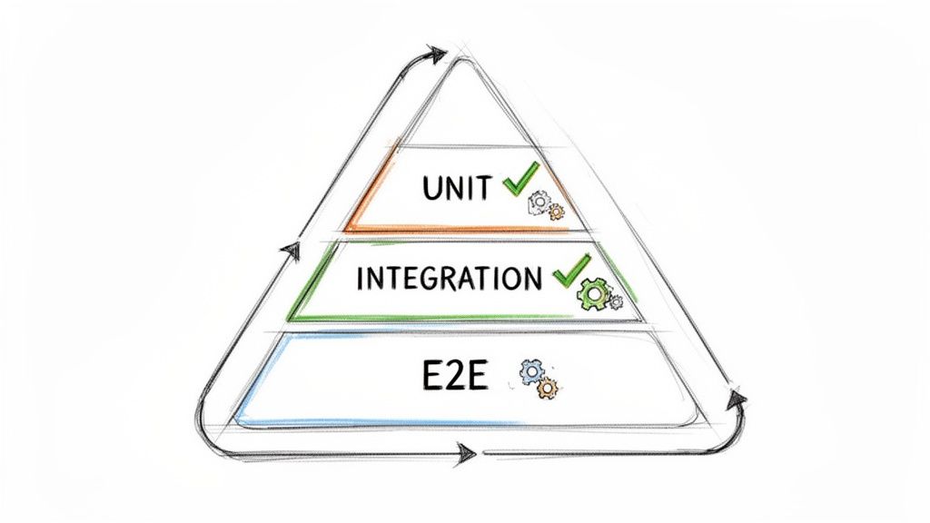 A three-layered software testing pyramid illustrating Unit, Integration, and End-to-End tests.