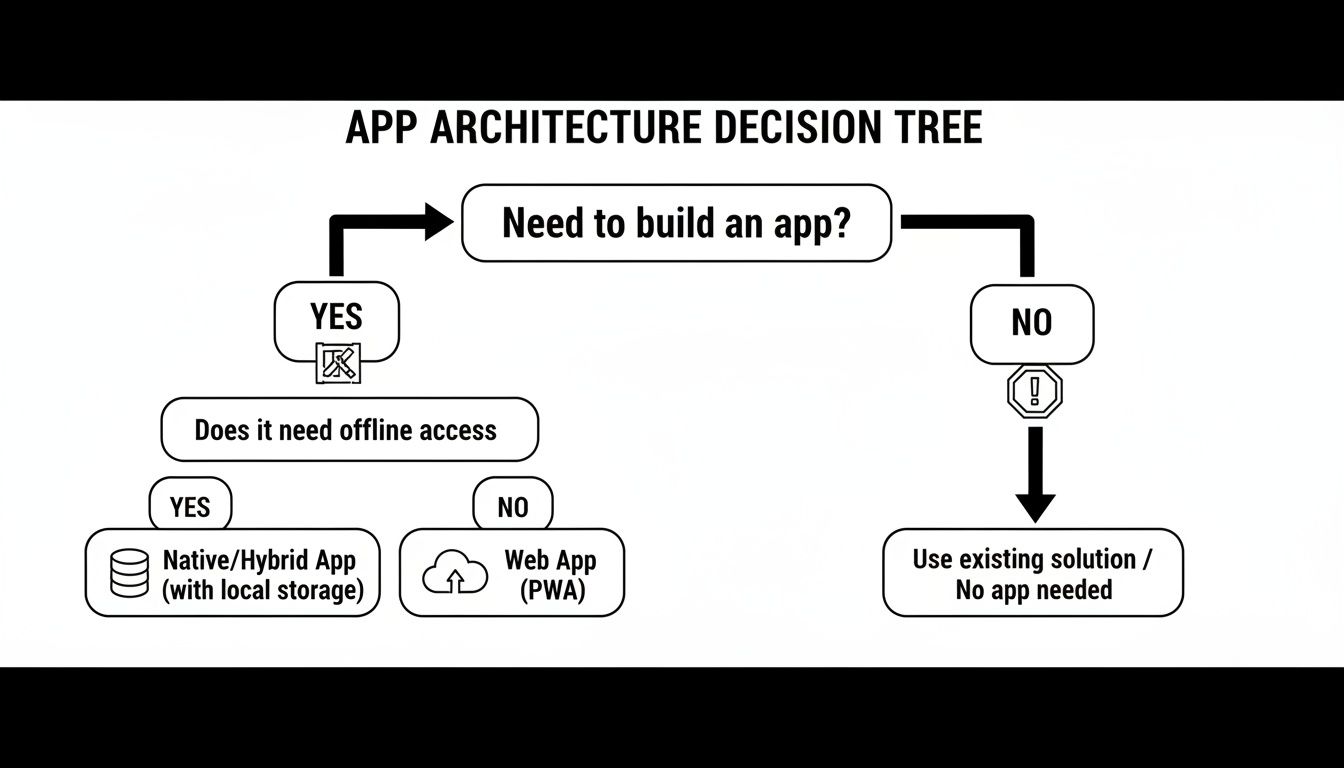 A decision tree flowchart for app architecture selection, considering offline access requirements.