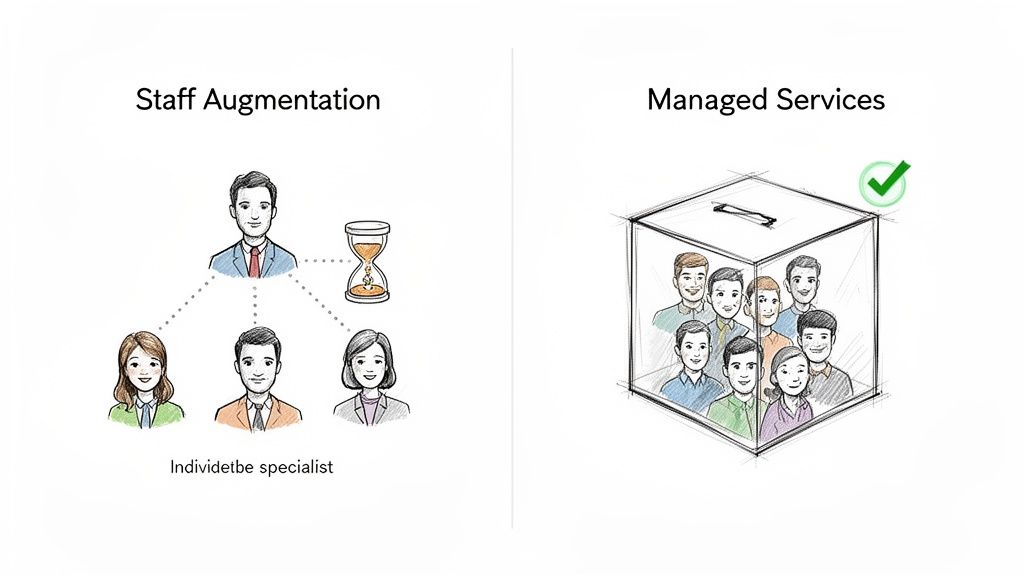 A visual comparison of staff augmentation with individual specialists versus managed services with a complete team in a box.