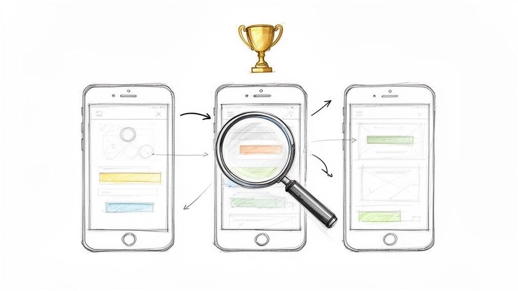 Sketch showing three smartphone screens, a magnifying glass, and a trophy, representing UX competitive analysis.