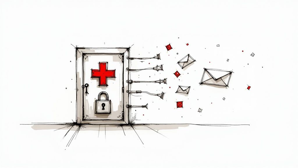 Illustration of a locked door with a red cross, wires, and mail leaking out, symbolizing healthcare data breach.