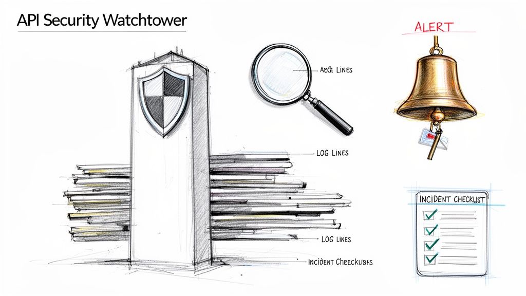API security watchtower monitoring logs, generating alerts, and providing an incident checklist for response.